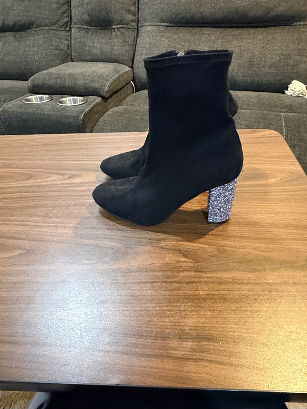 NWOT Badgley Mischka Black Suede Ankle Boots with Silver Glitter Block Heel